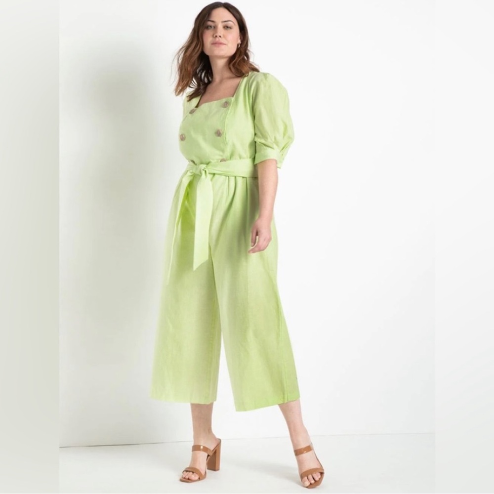 plus size ELOQUII linen lime neon green square neck puff sleeve culotte jumpsuit